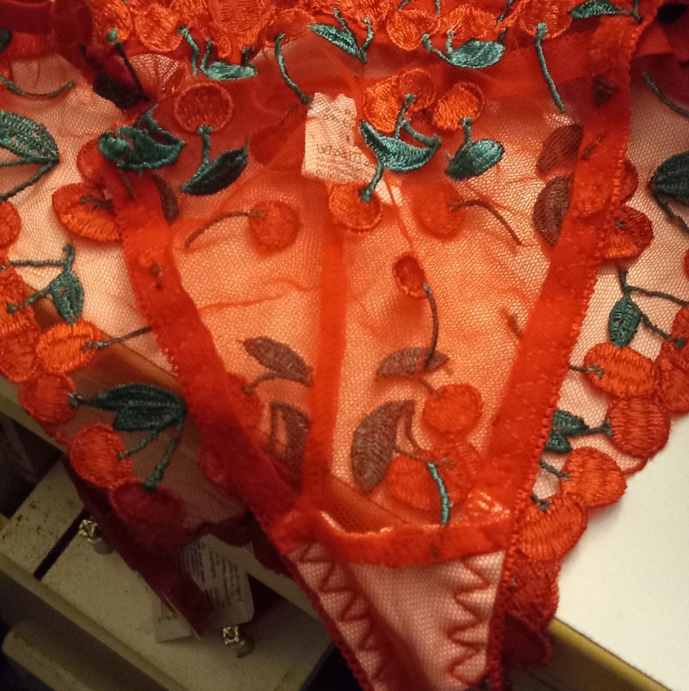 New,red sheer mesh cherries  embroidered underwire bra & thong lingerie size med - Picture 10 of 13